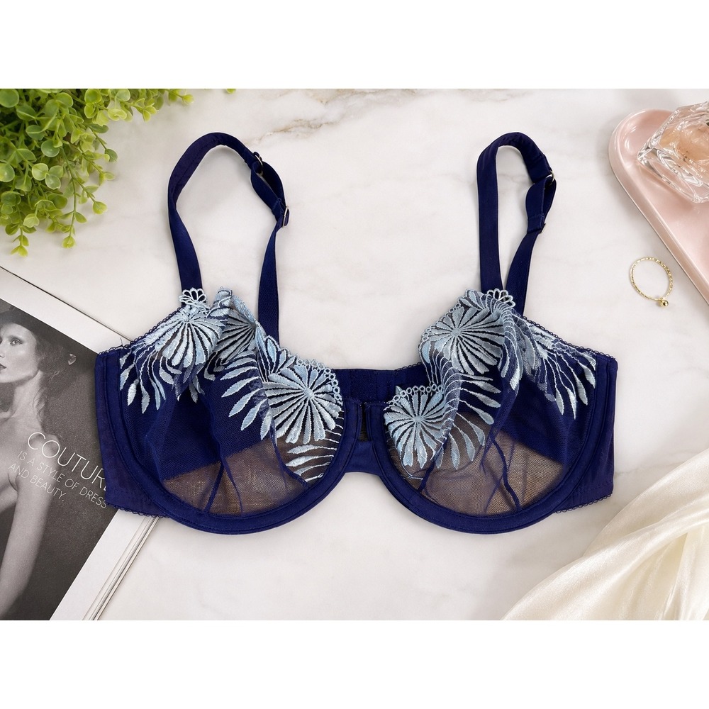 Wacoal Retro Chic Underwire Bra 36D‎ Blue Floral Embroidery Mesh 55146